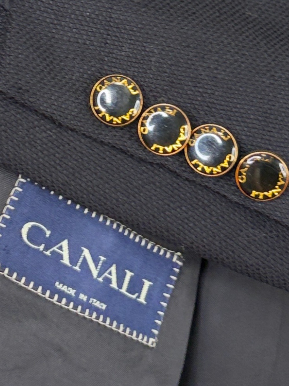 Canali Sport Coat Mens 44R Black Wool Hopsack Gold Buttons Blazer Made in Italy